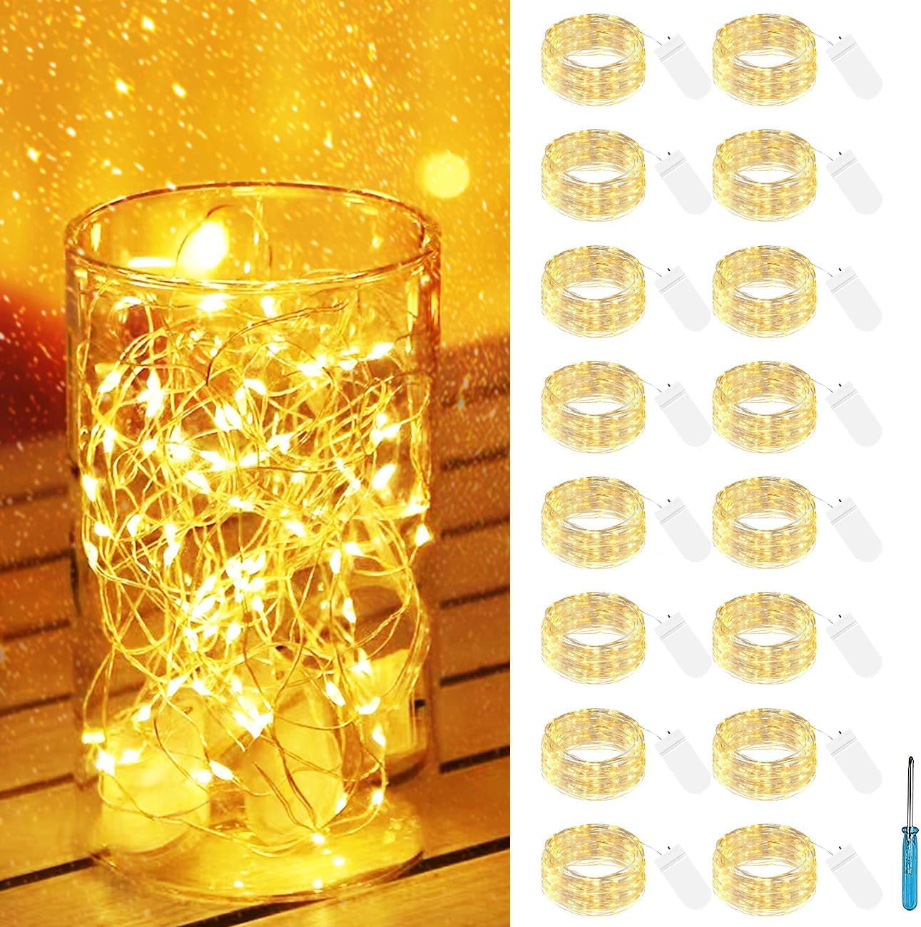 16-Pack Battery-Powered Fairy Lights, 7FT 20LED Mini String Lights, Waterproof Silver Wire Twinkle Lights for Indoor and Outdoor Decor
