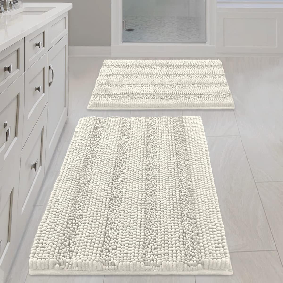 Set of 2 Striped Anti-Slip Bath Mats - Soft Plush Chenille Shaggy Floor Mats  - Water Absorbent (Grey, 32 x 20 & 24 x 17 Inches)