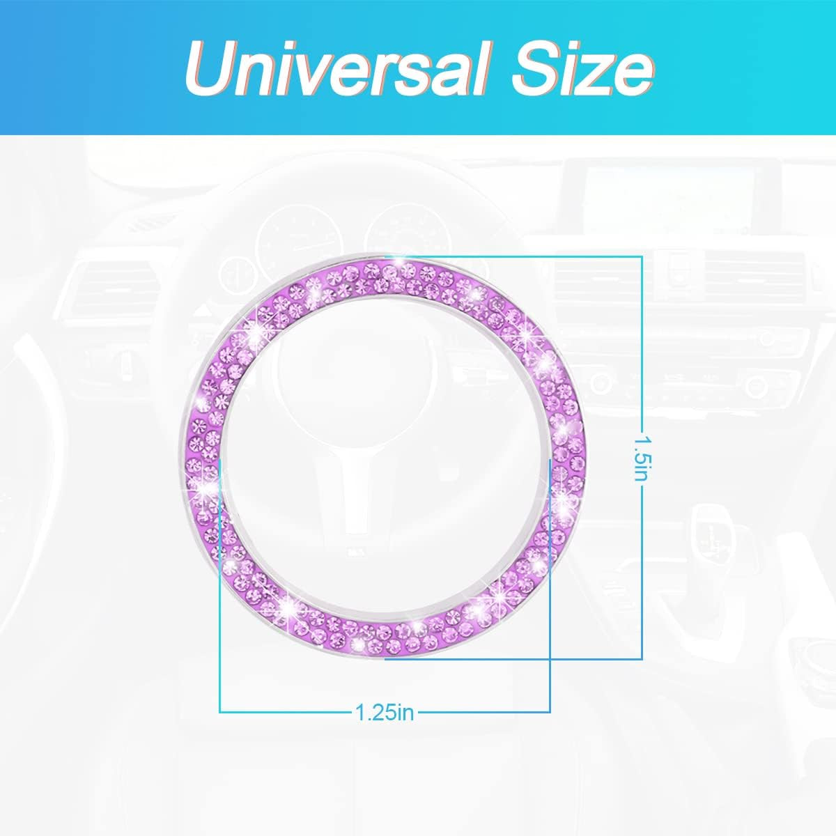 Crystal Rhinestone Engine Start Ring Decals - 2 Pack Push Start Button Covers, Key Ignition Knob Accessories, Sparkling Car Interior Decor for Women (Purple)