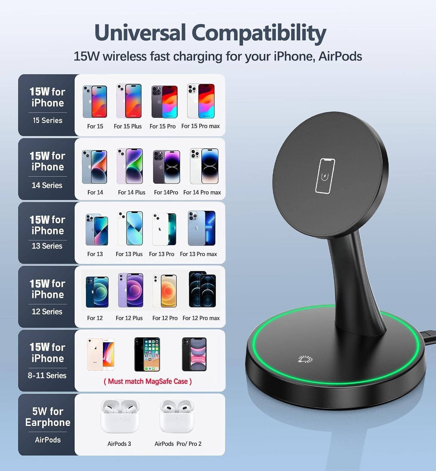 15W Fast Magnetic Wireless Charger Stand for iPhone with Sleep-Friendly Light for AirPods 3/Pro/2