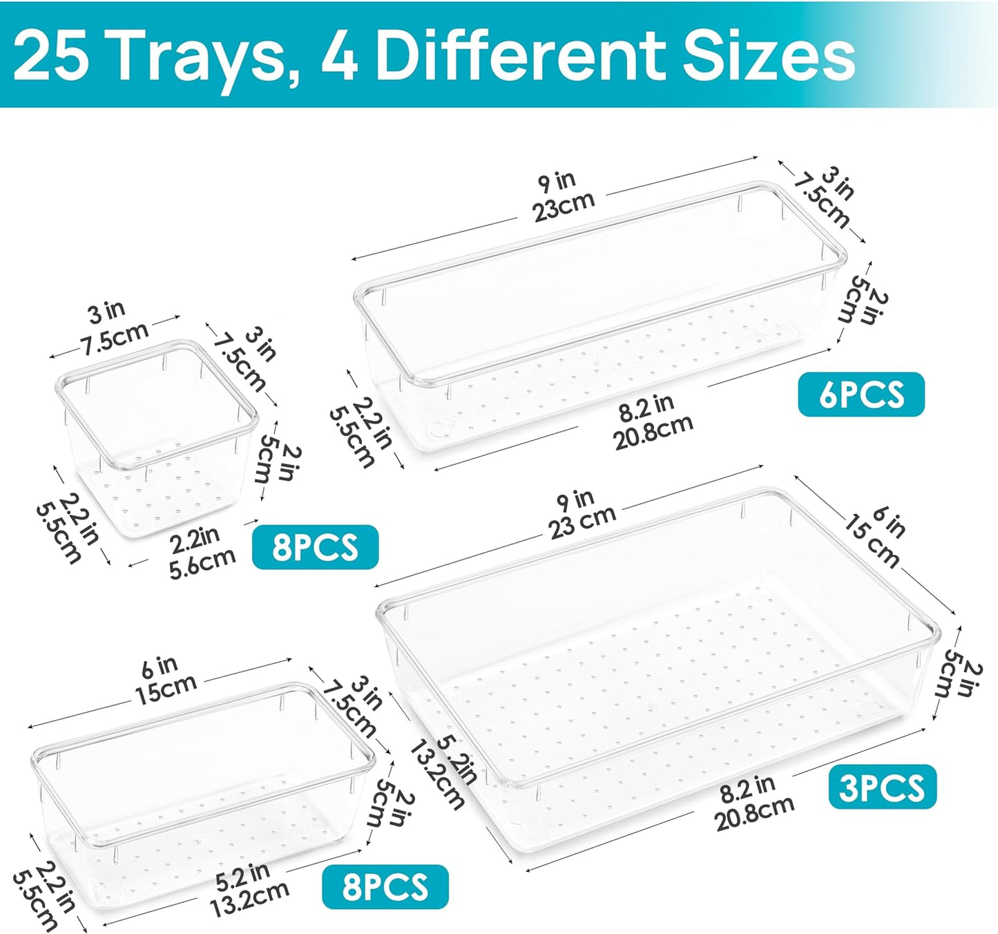 25 PCS Plastic Clear Drawer Organizer, Acrylic Desk Drawer Organizers, Organization and Storage for Makeup, Bathroom, Office, Kitchen, Bedroom