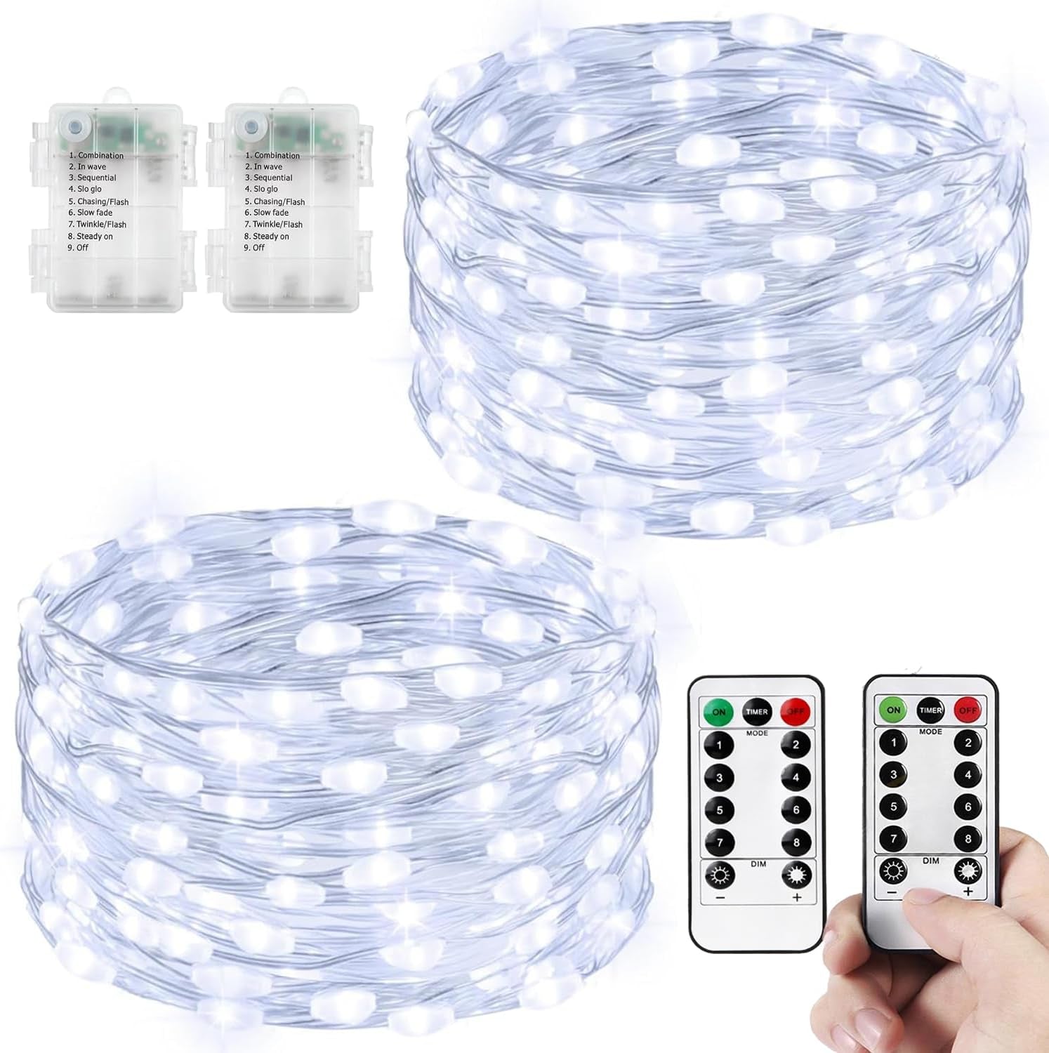 2-Pack Waterproof Battery-Operated Fairy Lights, 66ft with 200 LEDs, Remote Control - 8 Modes and Timer, Copper Wire Twinkle Lights