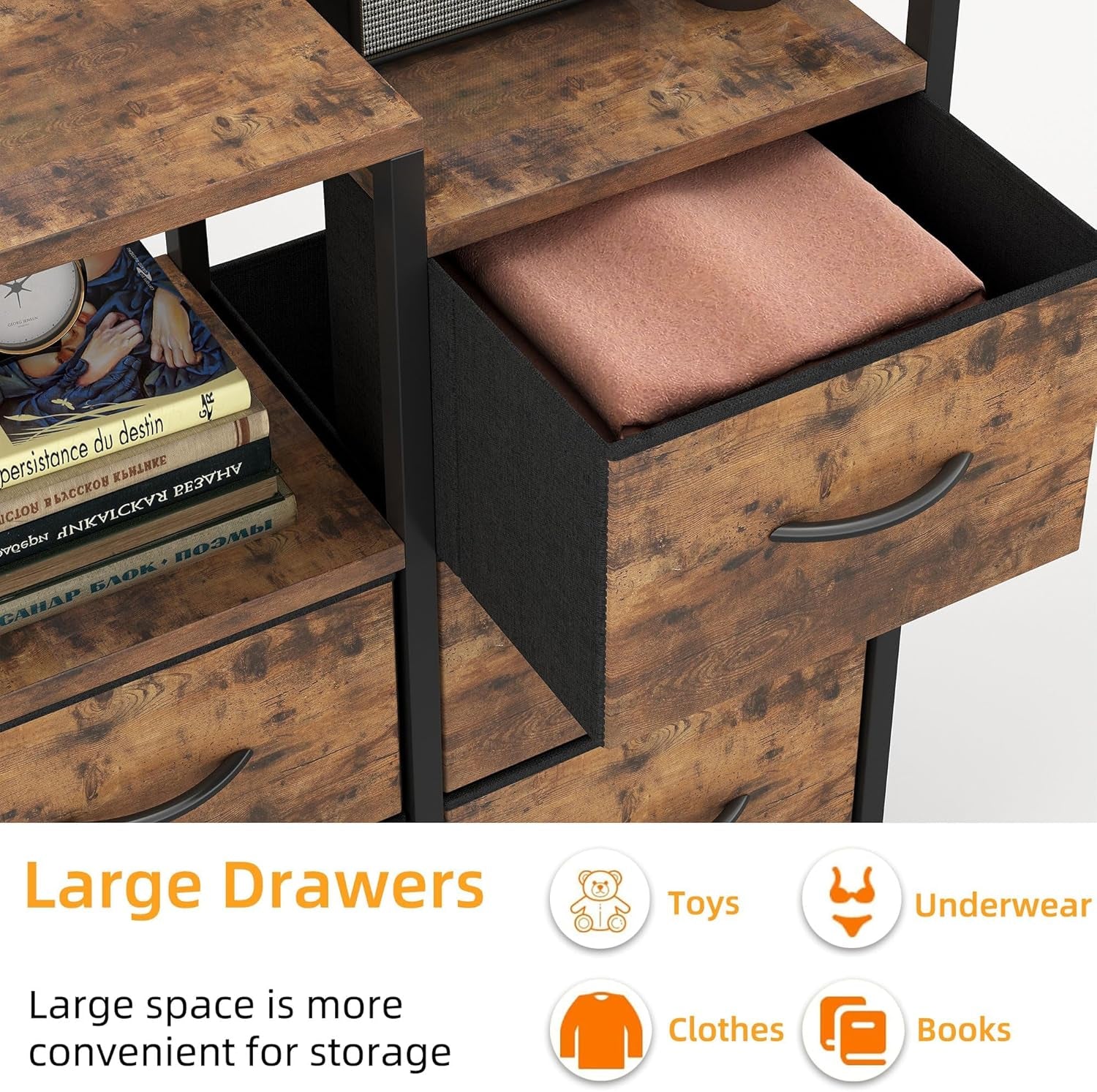 Fabric Dresser for Bedroom, 5 Drawer 3-Tire Dresser, Storage Tower with Fabric Bins, Storage Cabinet for Entryway, Living Room & Closets (Rustic Brown)