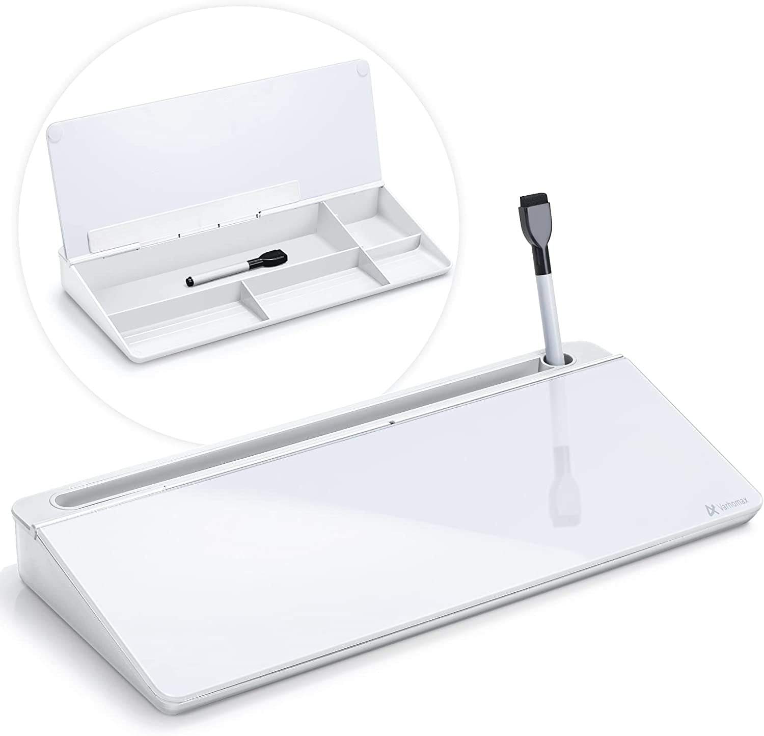 Dry Erase Glass Desk Whiteboard with Storage Caddy - Desktop Memo Notepad for Home Office and School (Gray)