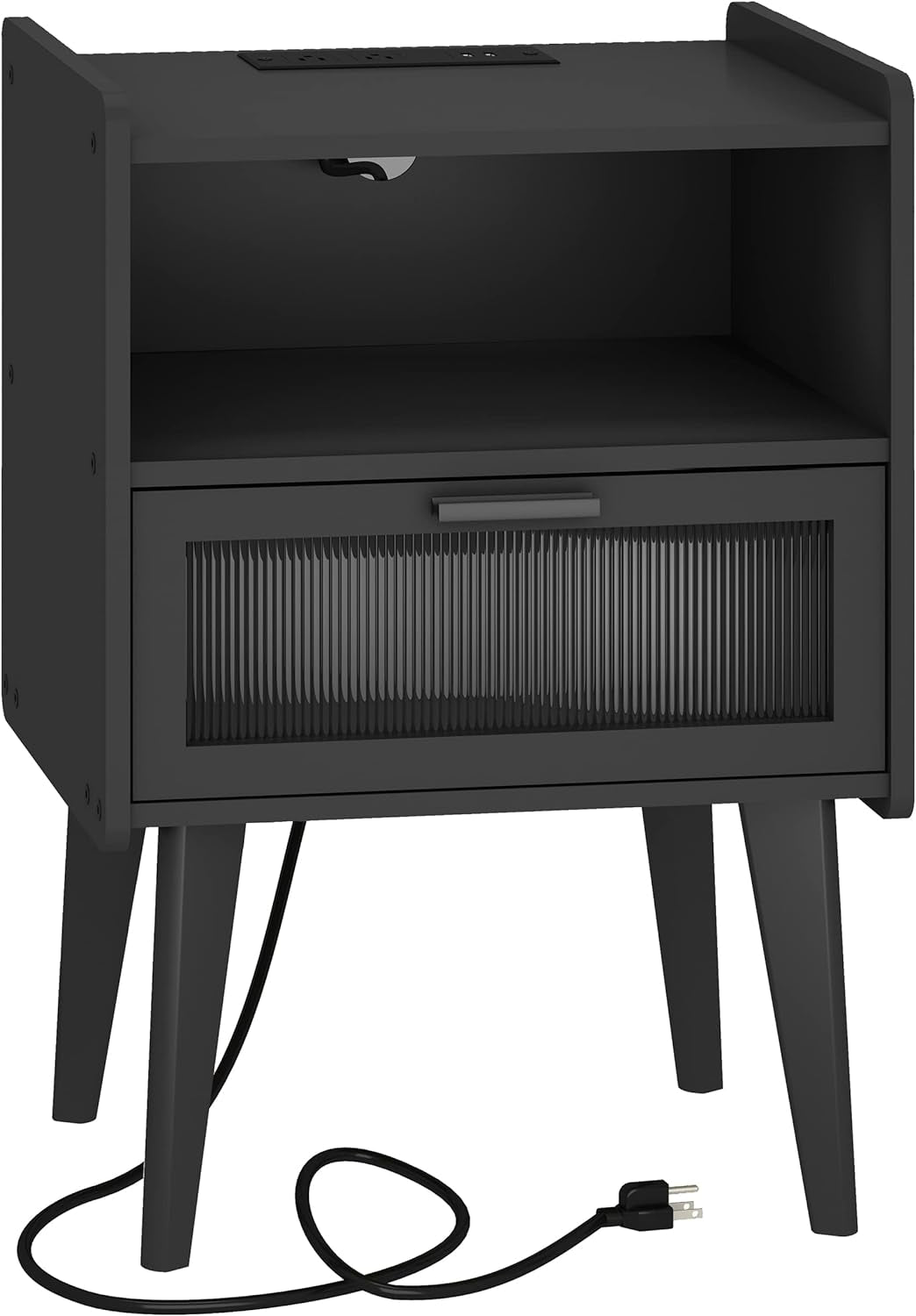Elegant Nightstand with Integrated Charging Station, Glass-Fronted Decorative Door, and Dual-Tier Storage, White 