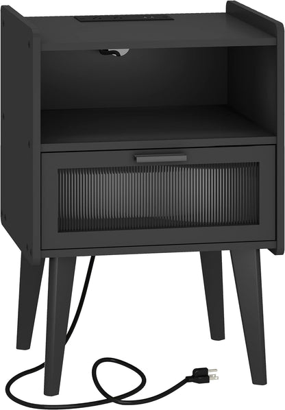Elegant Nightstand with Integrated Charging Station, Glass-Fronted Decorative Door, and Dual-Tier Storage, White 
