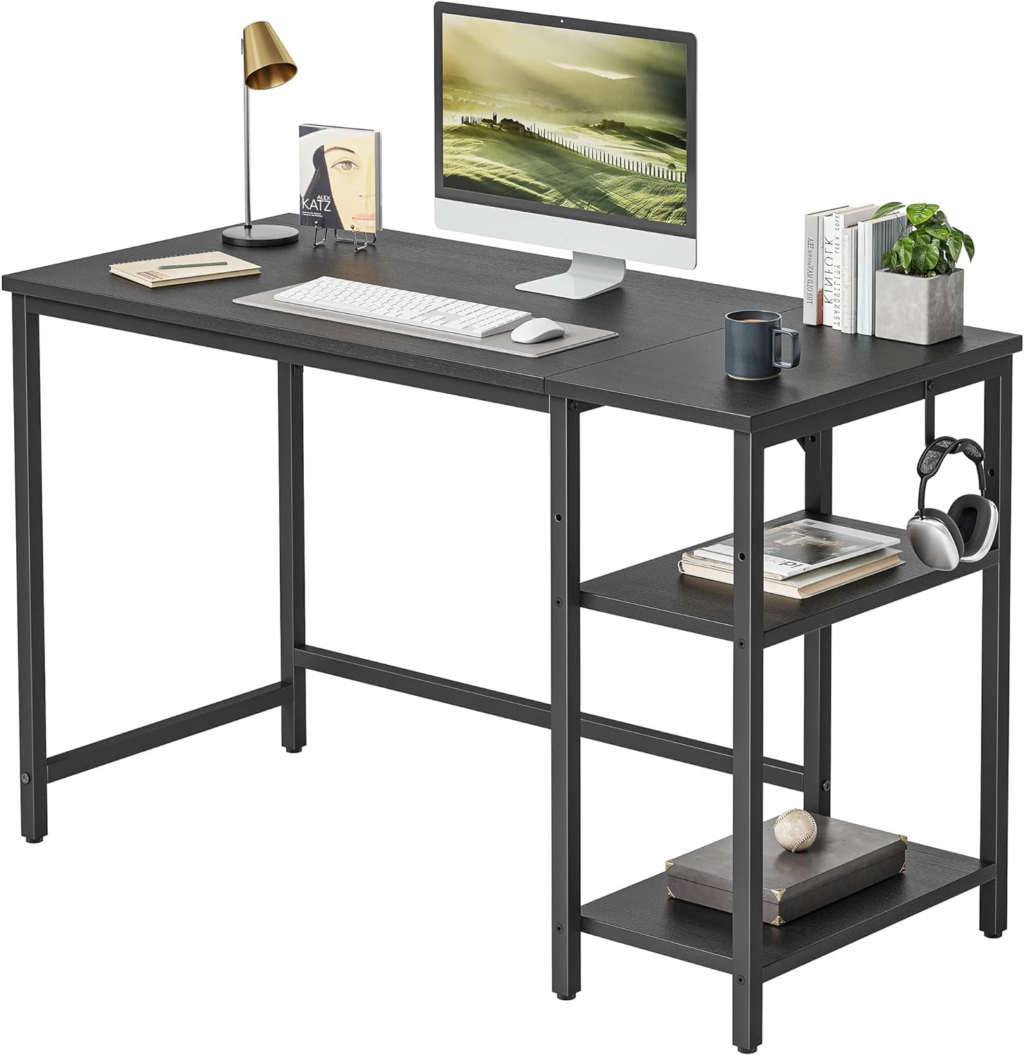 Modern 47-Inch Home Office Desk with Storage Shelves and Splice Board, Brown and Black Finish