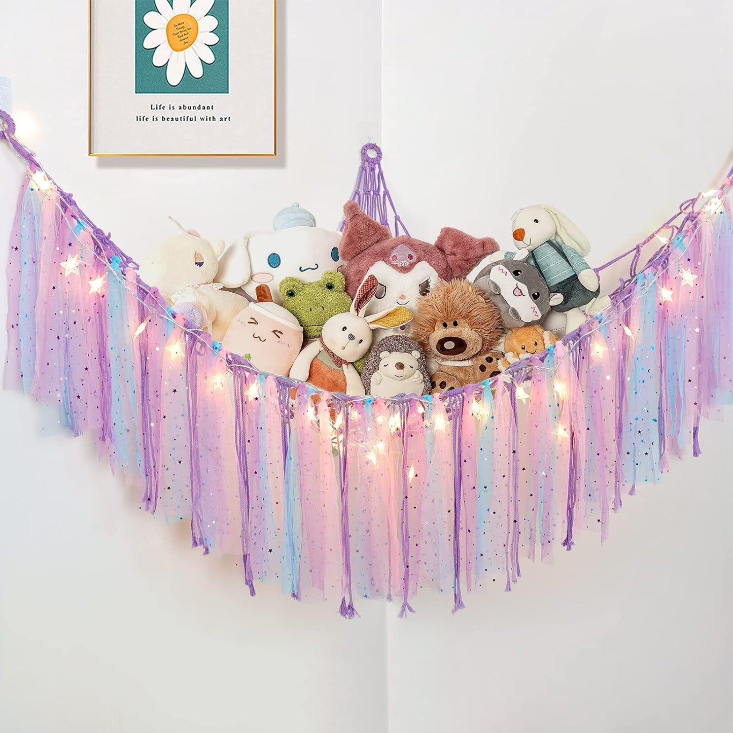 Stuffed Animals Storage - Fairy Lights, Toy Hammock, Hanging Storage Organizer, Holder with Lace Tassels 