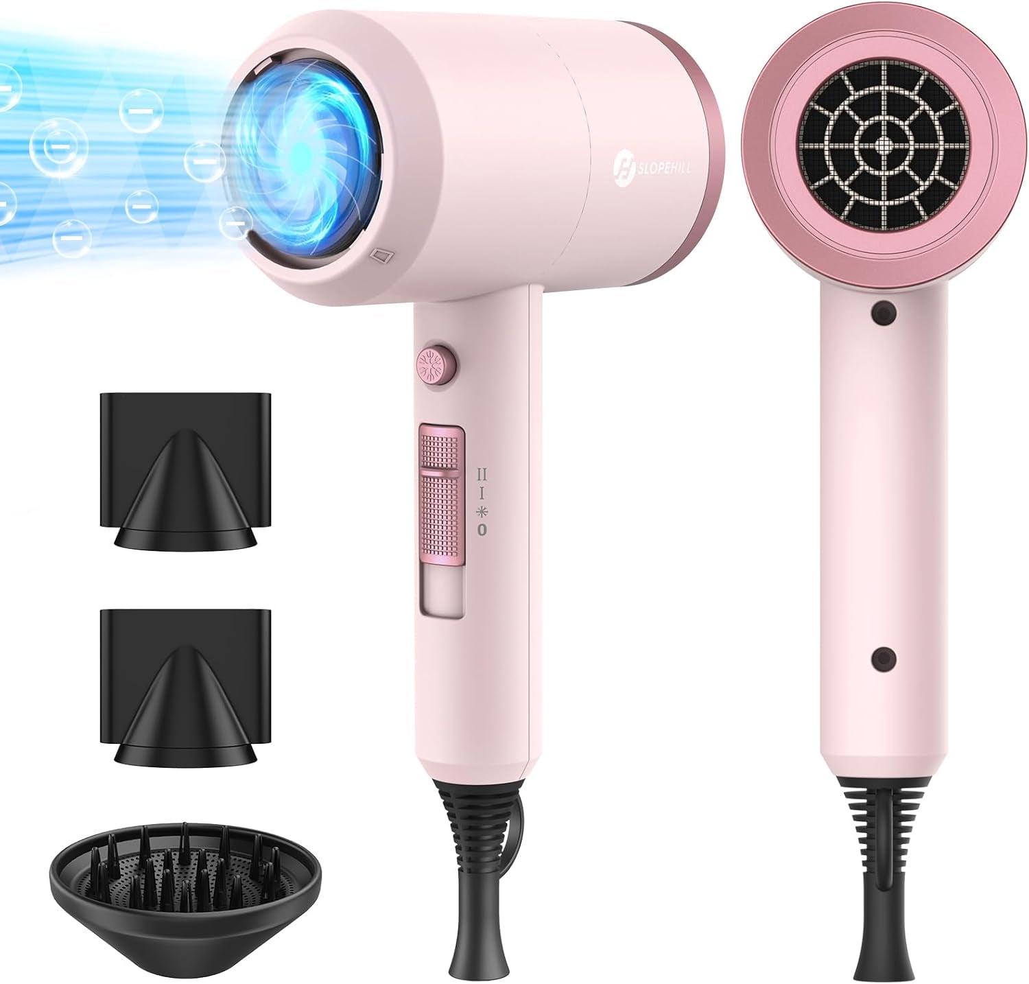 Ionic Hair Dryer - 1800W Professional Fast-Drying Blow Dryer with Low Noise, 2 Concentrator Nozzles, and 1 Diffuser Attachment