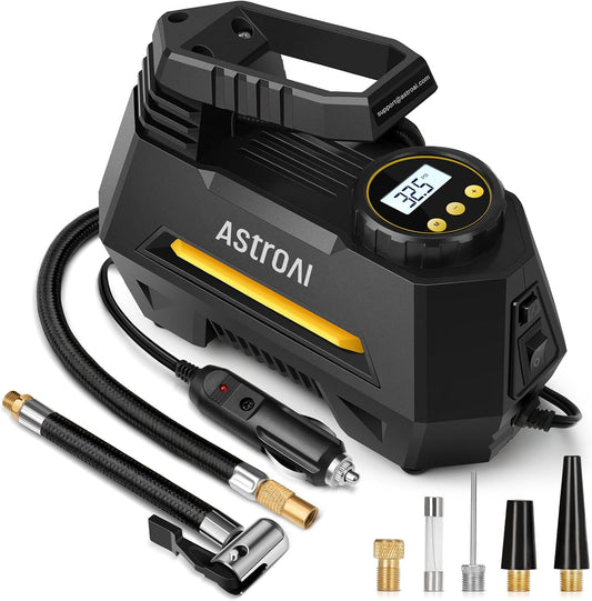 Portable Tire Inflator, Air Compressor - Digital Pressure Gauge, Emergency LED Light - 12V DC Auto Pump for Cars