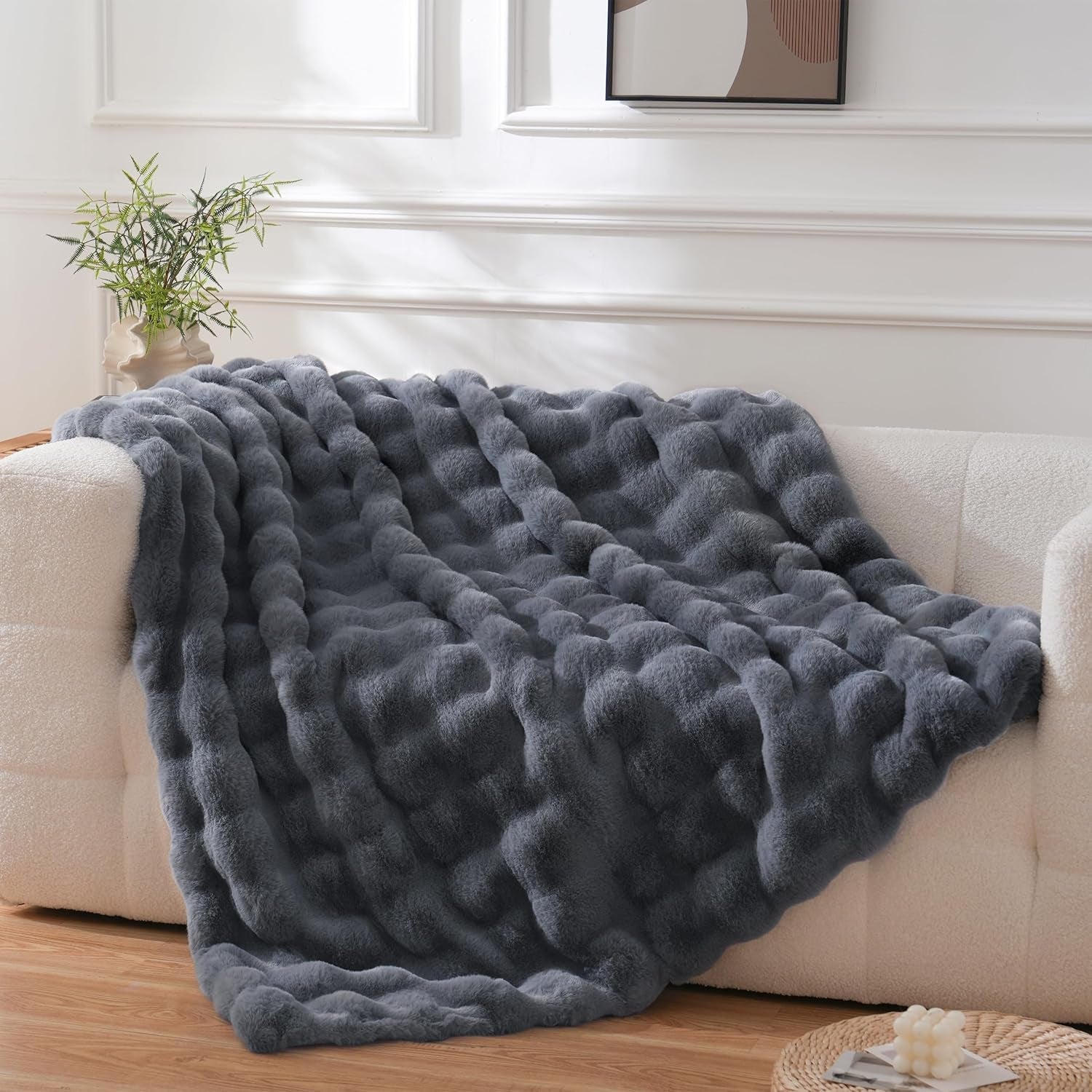 Luxurious Faux Fur Fleece Throw Blanket - Soft, Cozy, and Plush 51x63 Inches in White for Couch, Chair, and Bed