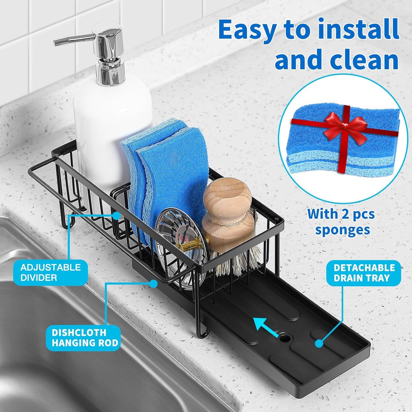 Kitchen Sink Organizer Sponge Holder with Dishrag and Dishcloth Rack, Rustproof 304 Stainless Steel with Auto Draining Tray