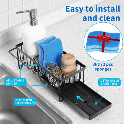 Kitchen Sink Organizer Sponge Holder with Dishrag and Dishcloth Rack, Rustproof 304 Stainless Steel with Auto Draining Tray