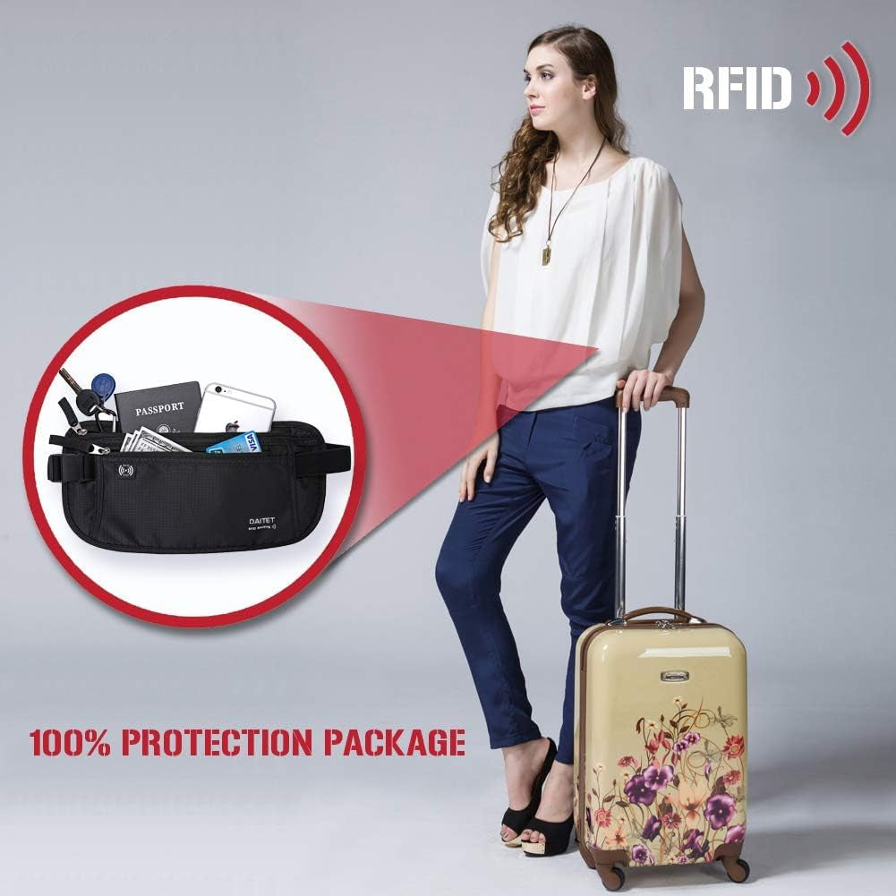 RFID-Blocking Money Belt and Passport Holder - Secure Hidden Travel Wallet Fanny Pack (Black)