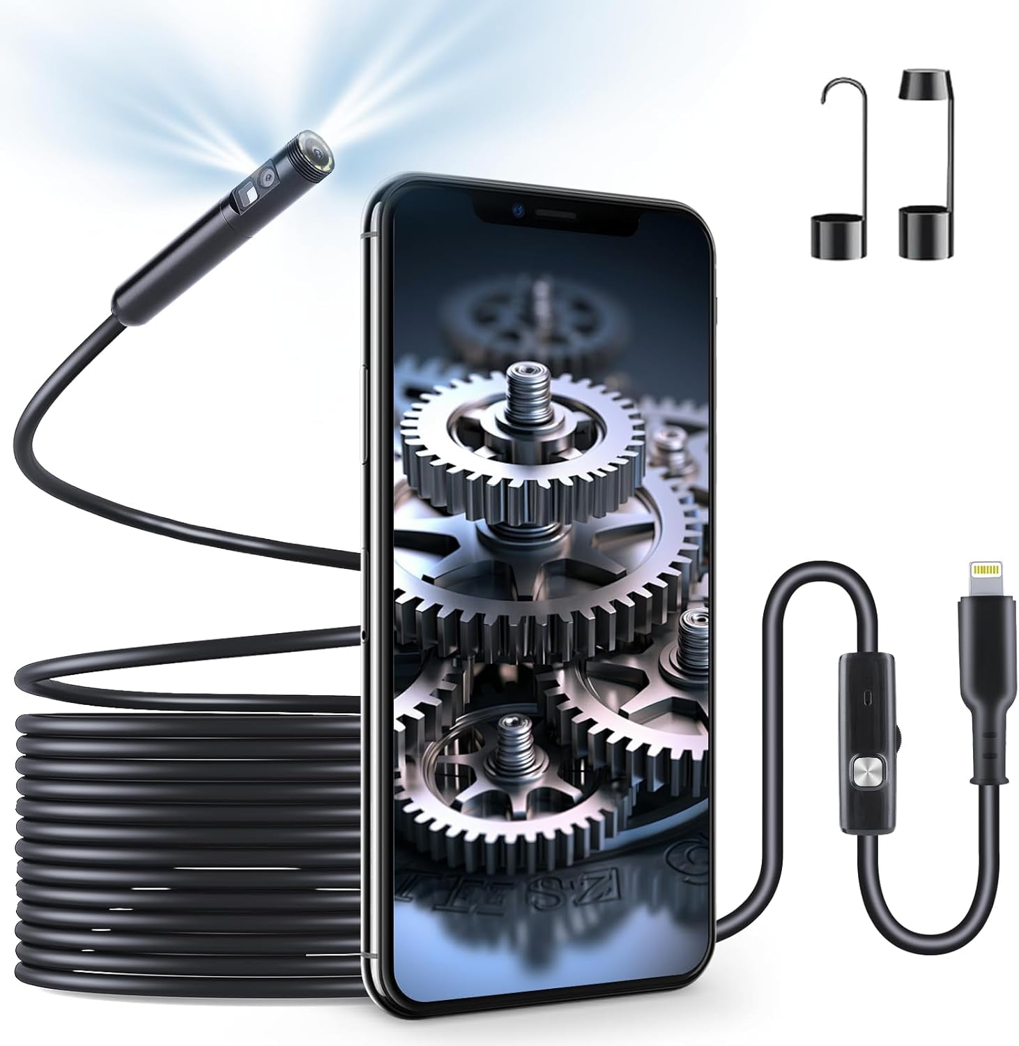 Endoscope Camera 1920P HD Resolution, 8 Adjustable LED Lights, IP67 Waterproof Rating, 16.5FT Semi-Rigid Snake Cord for iPhone and iPad (Dual Lens iOS Compatible)