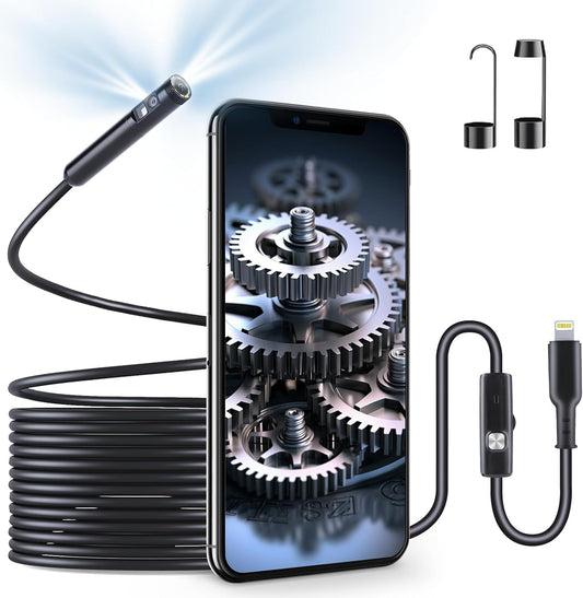 Endoscope Camera 1920P HD Resolution, 8 Adjustable LED Lights, IP67 Waterproof Rating, 16.5FT Semi-Rigid Snake Cord for iPhone and iPad (Dual Lens iOS Compatible)