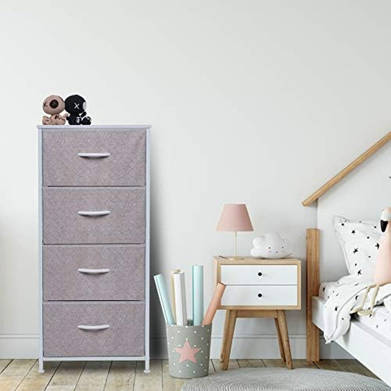 Tall Dresser for Bedroom - Fabric Dresser with 4 Storage Drawers and Wood Top for Closet, Living Room, Nursery Room, Office Storage and Dorm - Grey and White