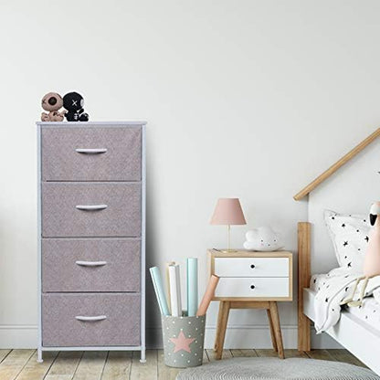 Tall Dresser for Bedroom - Fabric Dresser with 4 Storage Drawers and Wood Top for Closet, Living Room, Nursery Room, Office Storage and Dorm - Grey and White