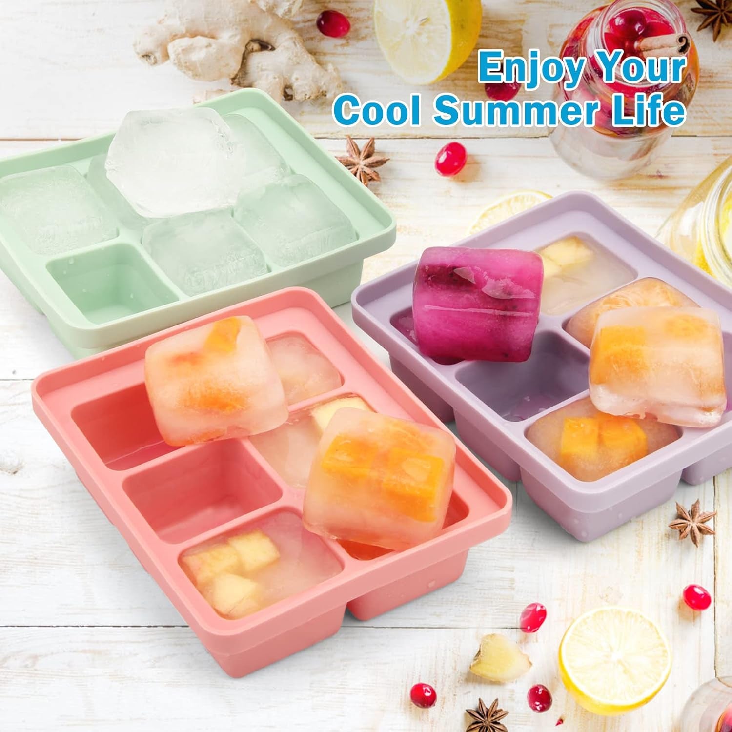 Silicone Ice Cube Tray Set with Lid and Tongs, 3-Pack Large BPA-Free Molds, Flexible Stackable Freezer Containers