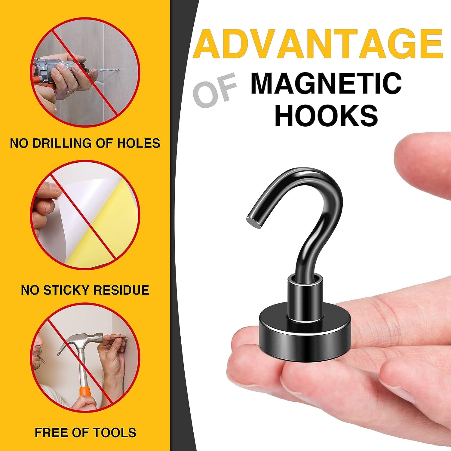 Heavy-Duty Black Magnetic Utility Hooks - 25 lbs Capacity Rare Earth Neodymium Magnet with Nickel Coating, Set of 6 for Kitchen, Office, Classroom, and Garage Use