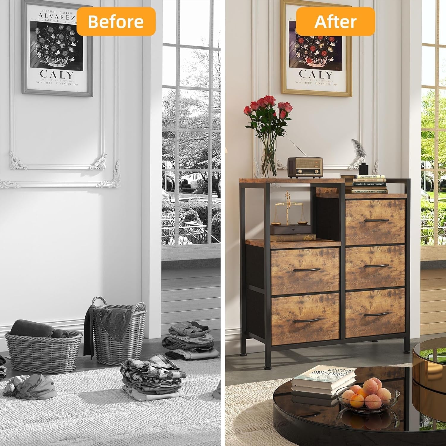 Fabric Dresser for Bedroom, 5 Drawer 3-Tire Dresser, Storage Tower with Fabric Bins, Storage Cabinet for Entryway, Living Room & Closets (Rustic Brown)