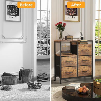 Fabric Dresser for Bedroom, 5 Drawer 3-Tire Dresser, Storage Tower with Fabric Bins, Storage Cabinet for Entryway, Living Room & Closets (Rustic Brown)