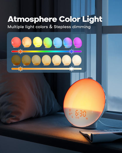 Sunrise Alarm Clock for Deep Sleepers - Sunrise/Sunset Simulation, Dual Alarms, Natural Sounds, Snooze Function, FM Radio, 7-Color Night Light