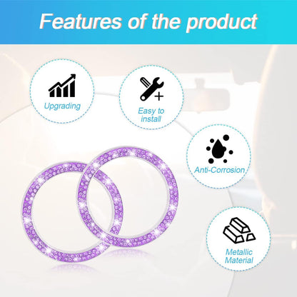 Crystal Rhinestone Engine Start Ring Decals - 2 Pack Push Start Button Covers, Key Ignition Knob Accessories, Sparkling Car Interior Decor for Women (Purple)