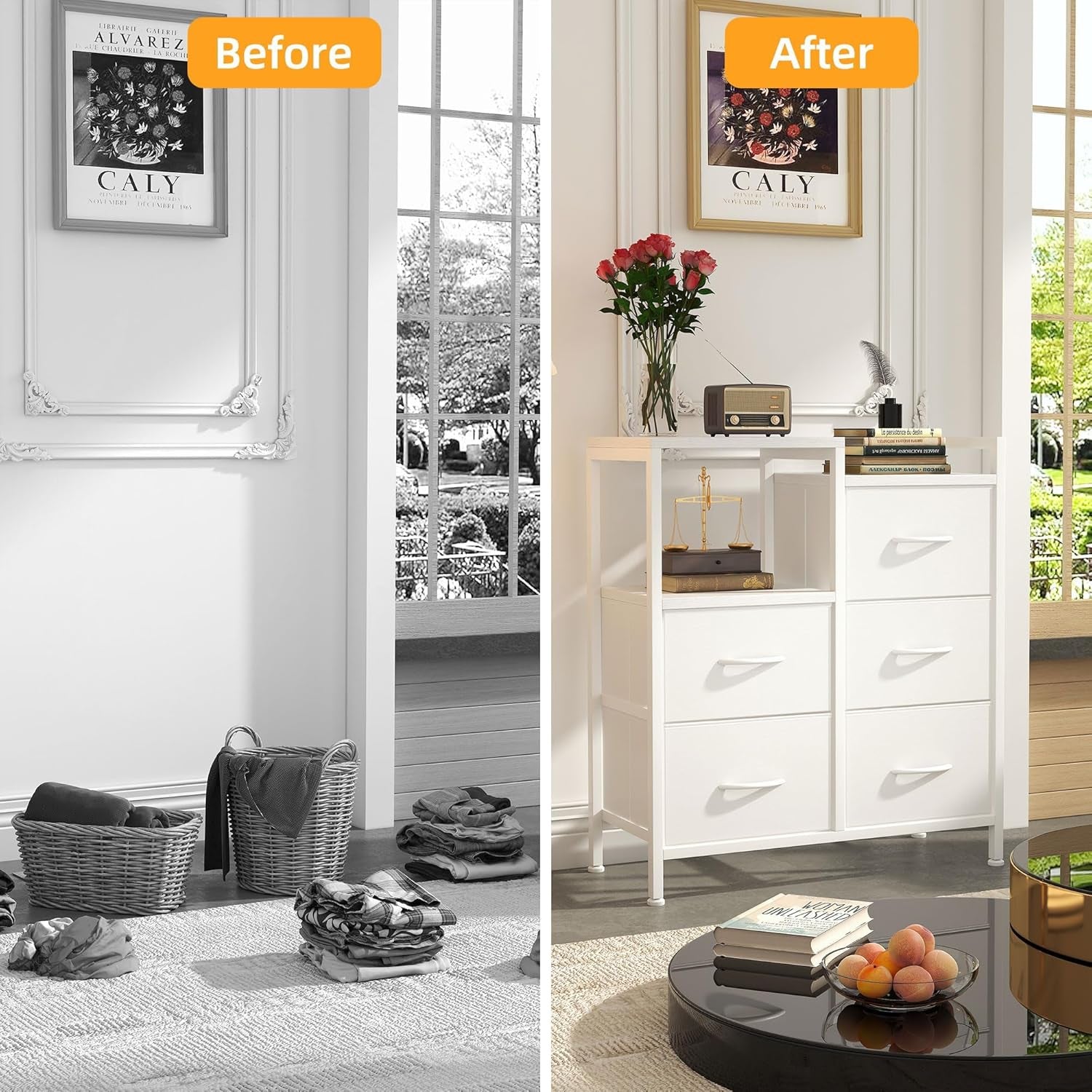 Fabric Dresser for Bedroom, 5 Drawer 3-Tire Dresser, Storage Tower with Fabric Bins, Storage Cabinet for Entryway, Living Room & Closets (White)