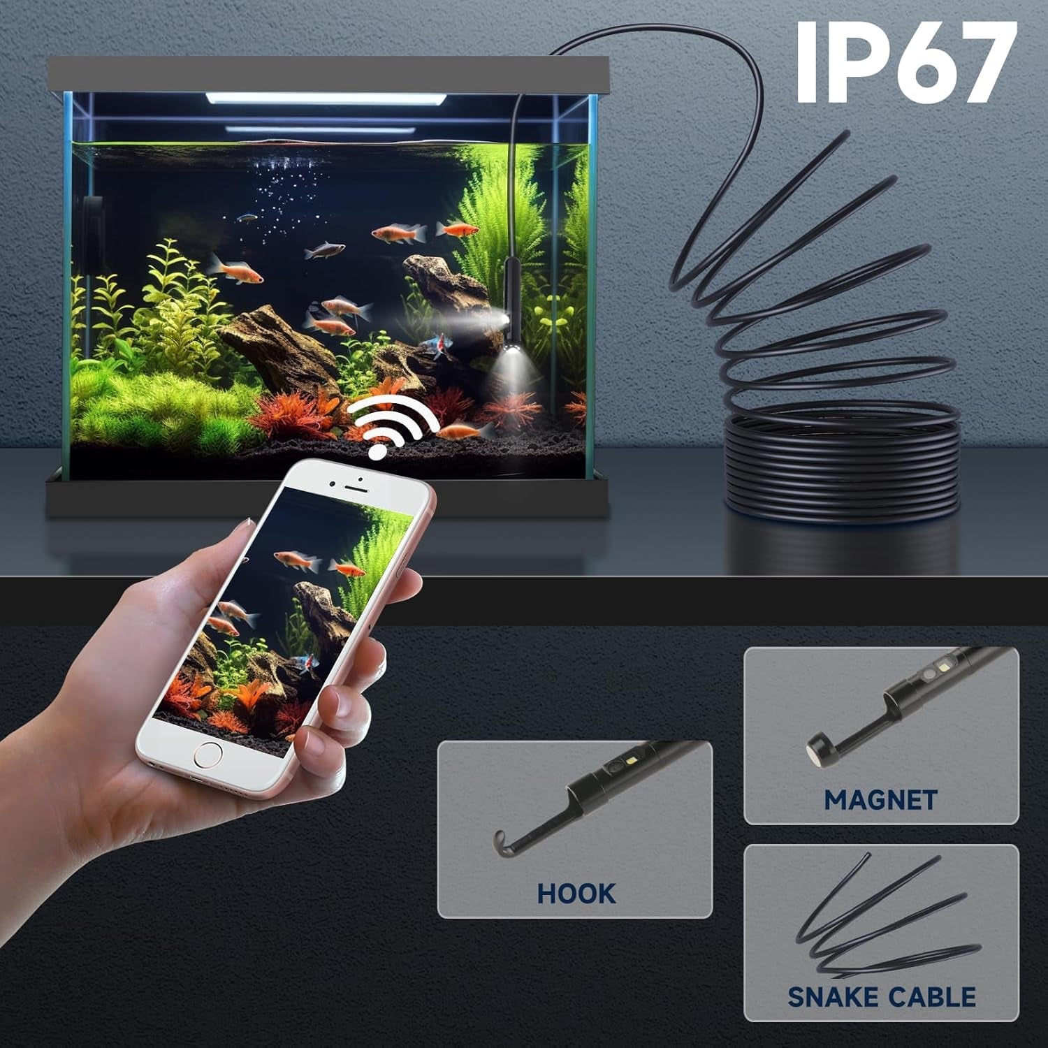 Endoscope Camera 1920P HD Resolution, 8 Adjustable LED Lights, IP67 Waterproof Rating, 16.5FT Semi-Rigid Snake Cord for iPhone and iPad (Dual Lens iOS Compatible)