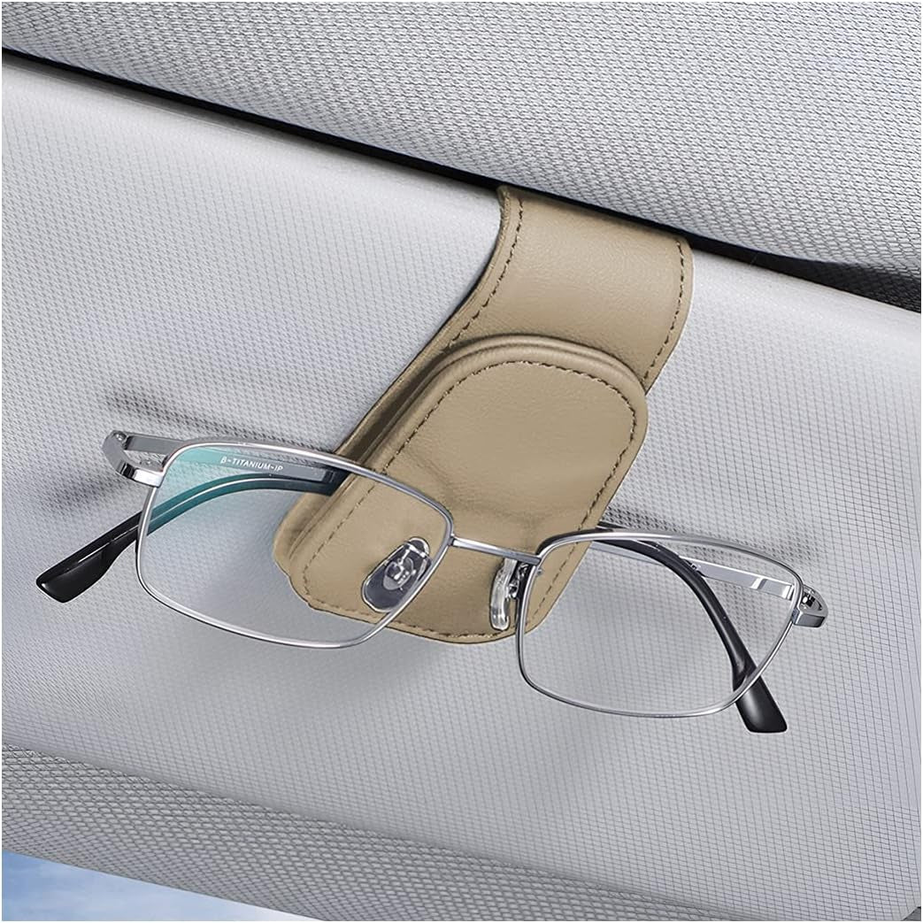 Car Sun Visor Sunglasses Holder, Leather Eyeglasses Hanger with Magnetic Clip - Universal Auto Interior Accessory 