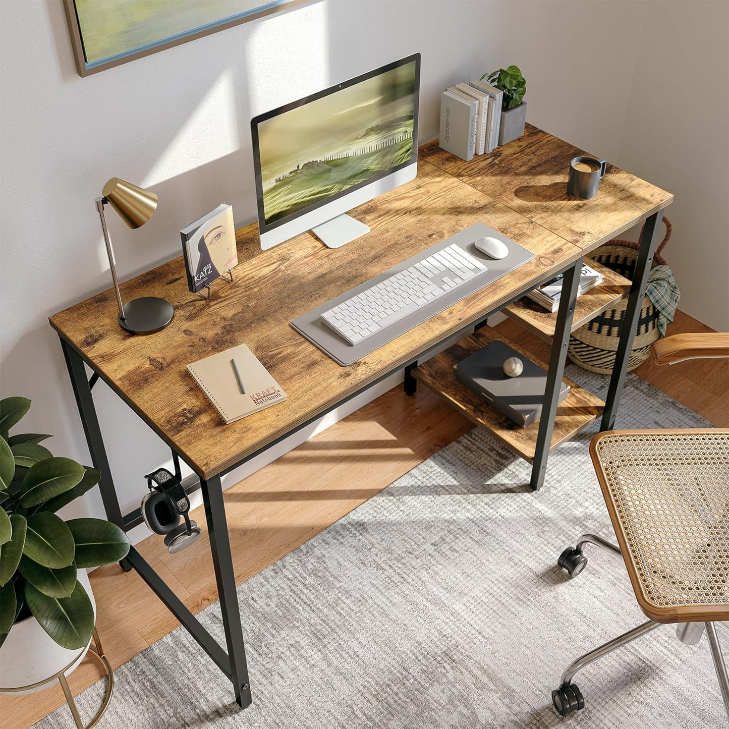 Modern 47-Inch Home Office Desk with Storage Shelves and Splice Board, Brown and Black Finish