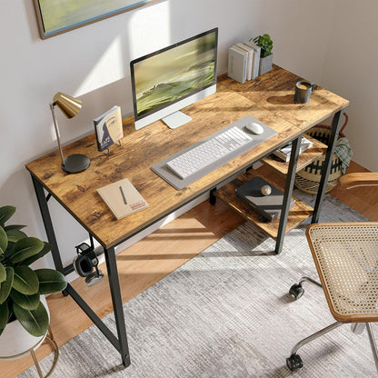 Modern 47-Inch Home Office Desk with Storage Shelves and Splice Board, Brown and Black Finish