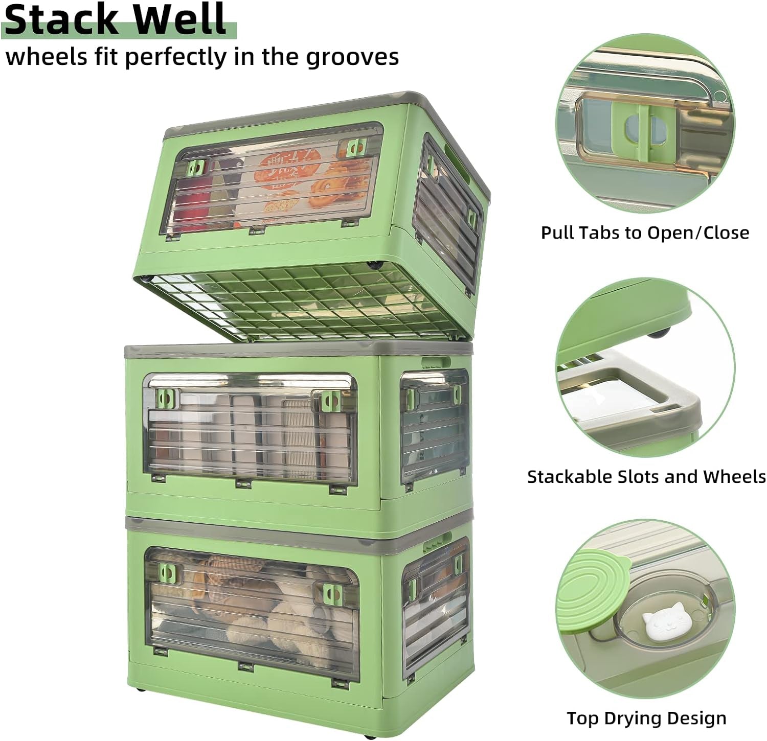 Set of 2 (Green) 32-Quart Collapsible Storage Bins with Wheels, Stackable Plastic Storage Boxes with Four Doors and Lids