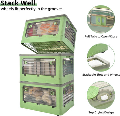  Set of 2 (Green) 32-Quart Collapsible Storage Bins with Wheels, Stackable Plastic Storage Boxes with Four Doors and Lids