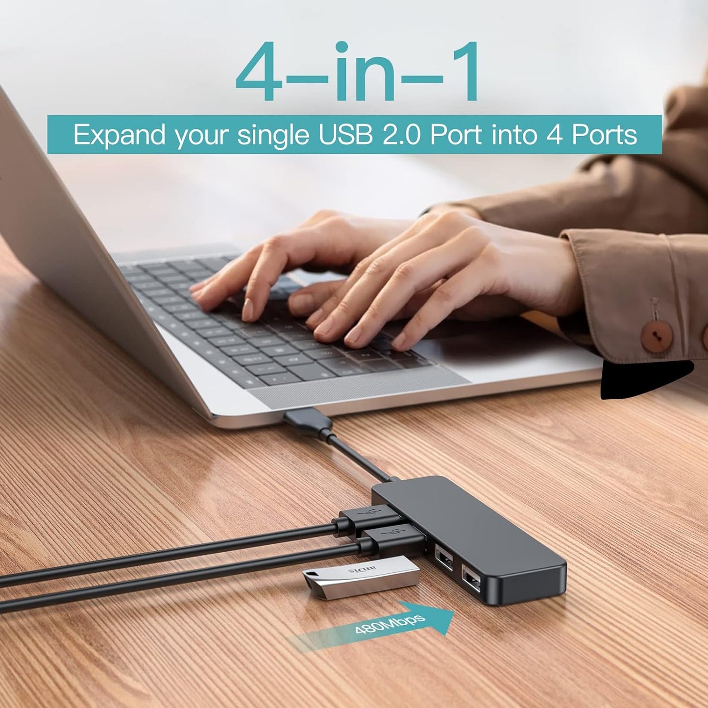 4-Port USB Hub Adapter - Multi USB Port Expander for Laptops, USB Flash Drives, Mobile HDD (30cm)