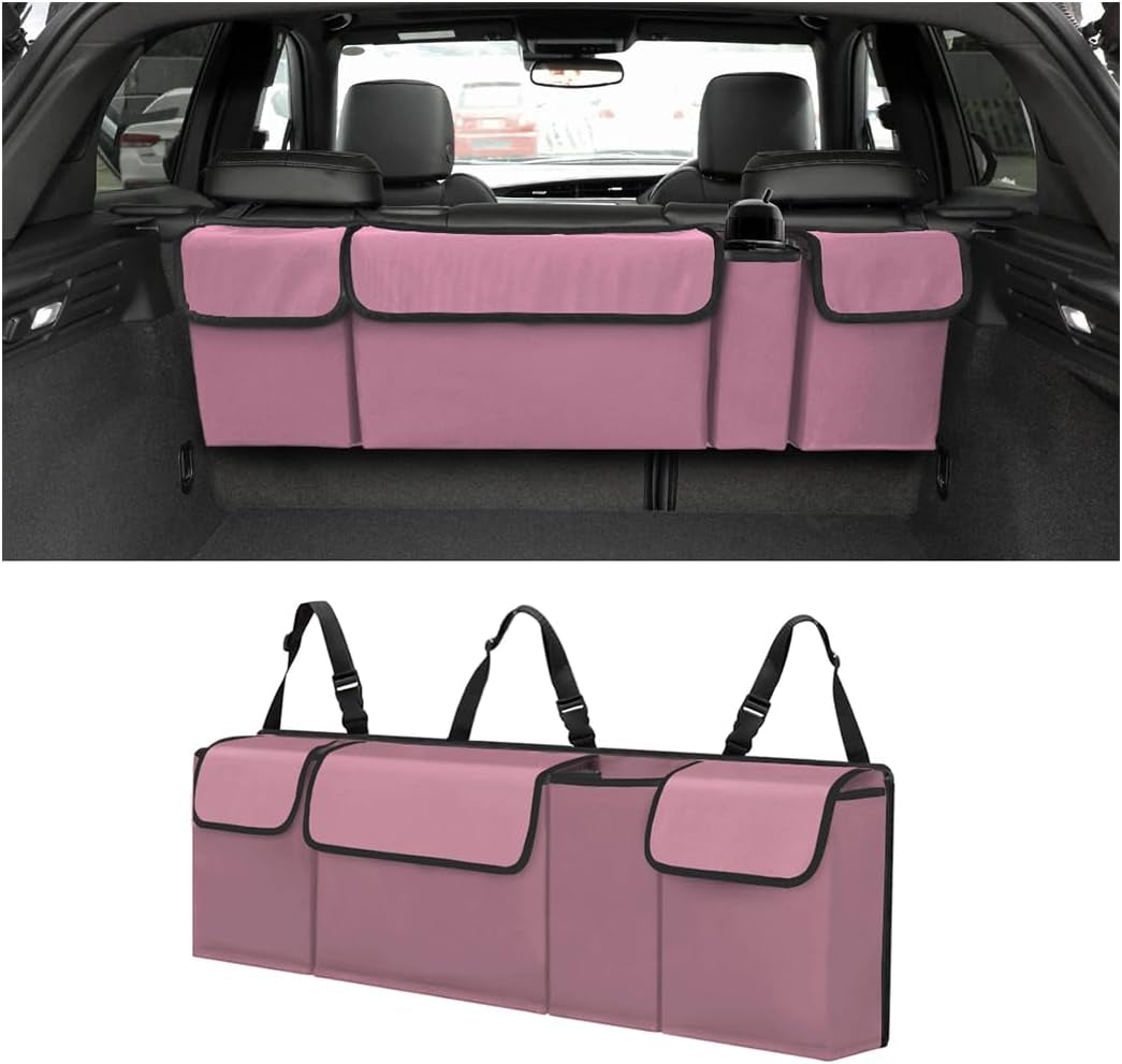 Car Trunk Organizer - Waterproof, Durable Backseat Hanging Cargo Bag with Adjustable Anti-Slip Straps and 4 Pockets (Black)