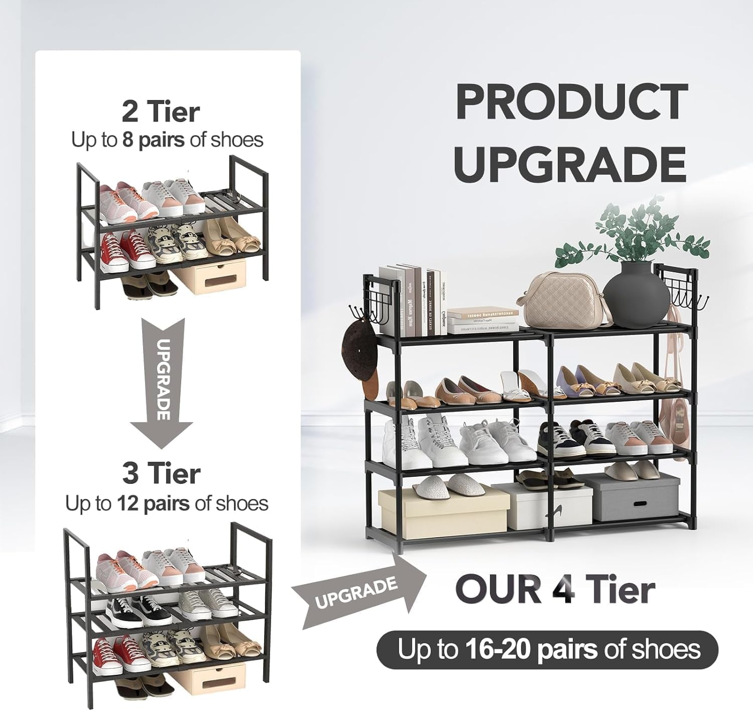 4-Tier Black Metal Shoe Rack with Multifunctional Hooks, Stackable Design for 20 Pairs, Space-Saving Solution for Closets and Showrooms