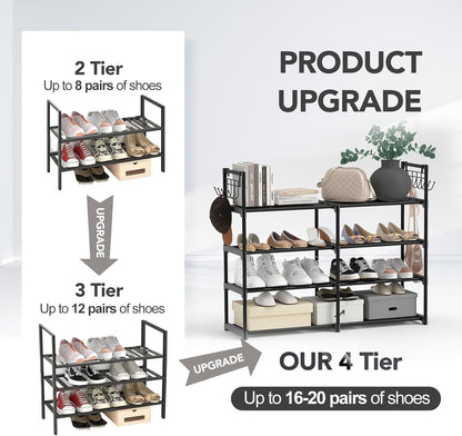 4-Tier Black Metal Shoe Rack with Multifunctional Hooks, Stackable Design for 20 Pairs, Space-Saving Solution for Closets and Showrooms
