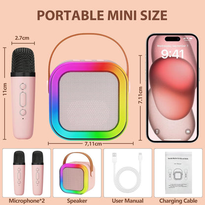 Mini Portable Karaoke Machine- Dual Wireless Microphones and LED Lights, for Ages 4+