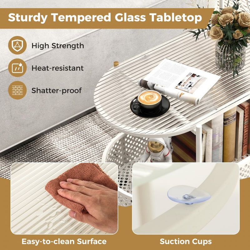 2-Tier Mobile Glass Coffee Table Featuring Bear Design