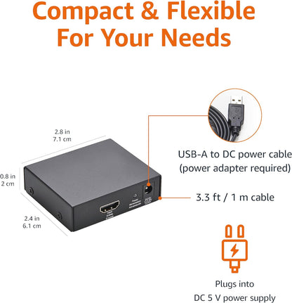 HDMI Splitter 1x2, 4K@30Hz Dual Monitor Support, Mirroring Function, Black