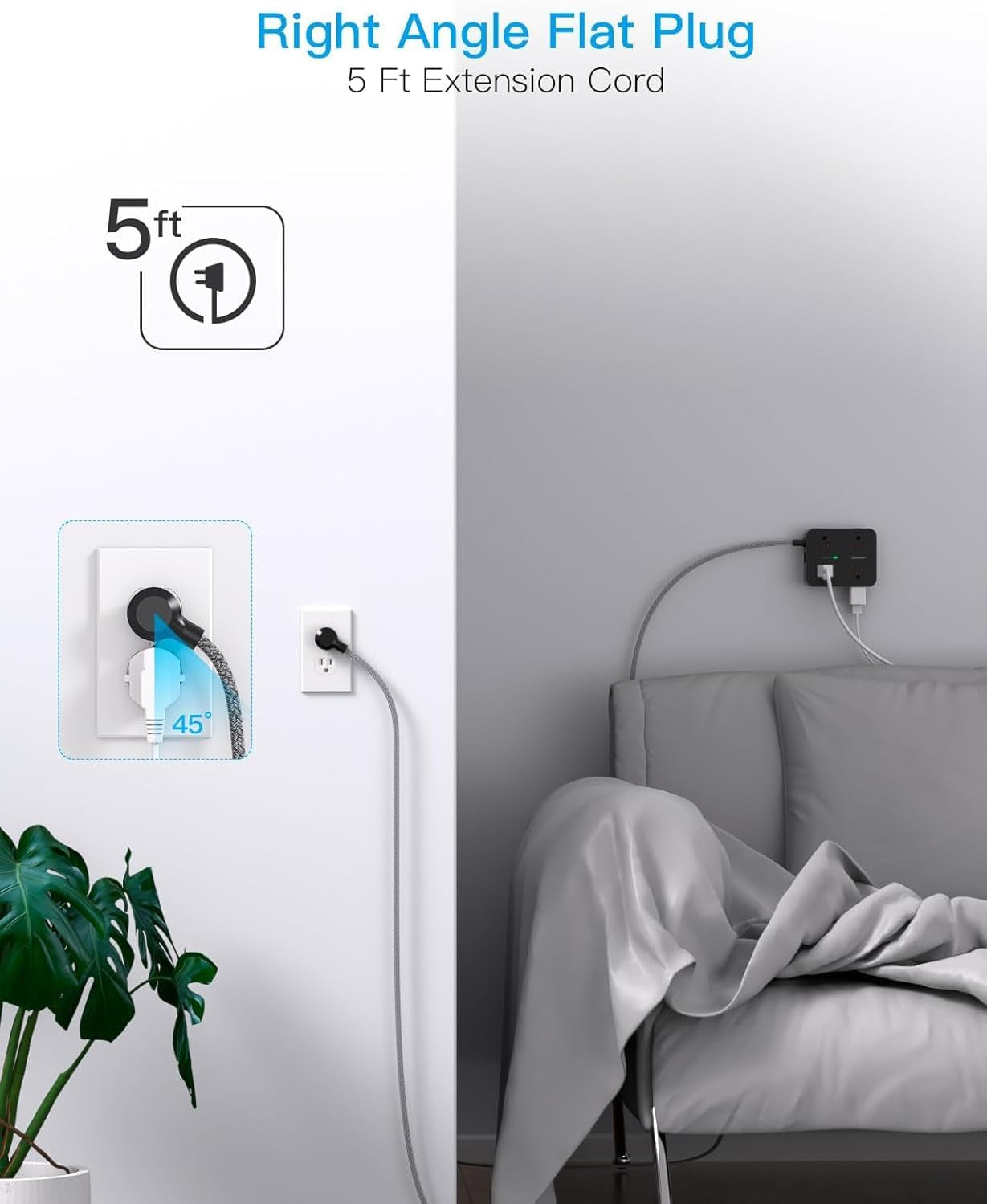 Surge Protector Power Strip -8 Outlets, 4 USB Charging Ports (2 USB-C), 3-Sided Outlet Extender, 5 Ft Braided Extension Cord, Flat Plug, Wall Mount, and Desk Charging Station