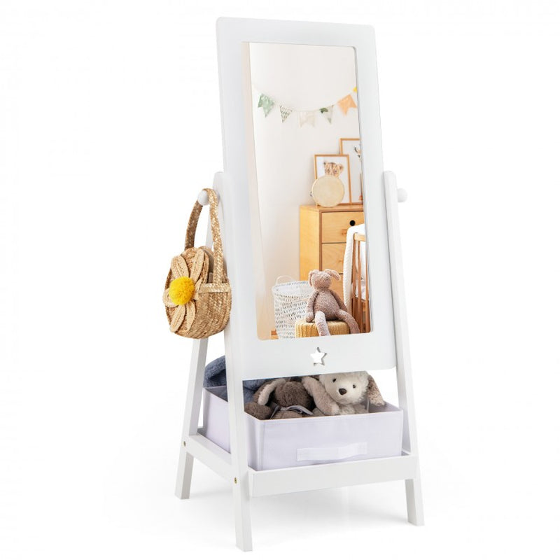 360-Degree Rotatable Full-Length Mirror for Kids with Integrated Storage Bin