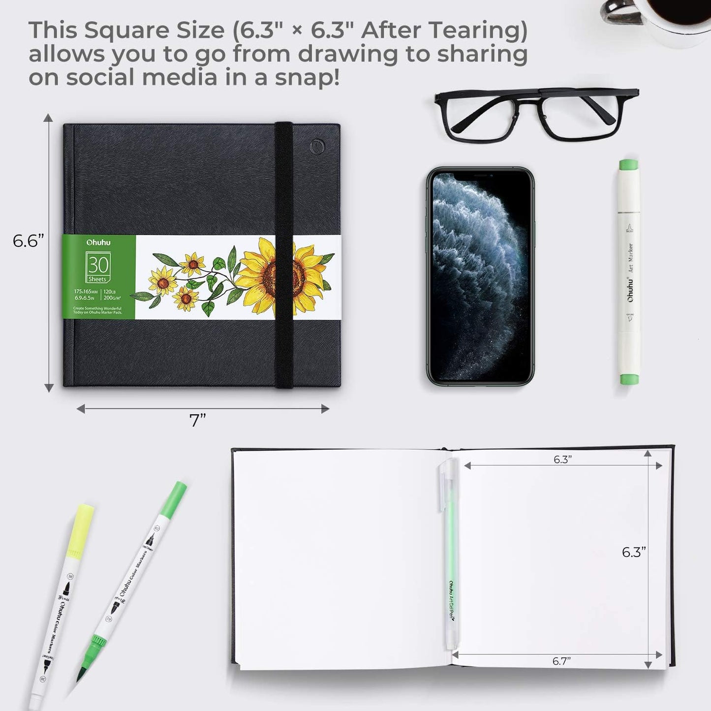 Professional Sketchbook Marker Pads, 6.9" x 6.5" Mini Size, 120LB/200GSM Heavyweight Smooth Drawing 30 Sheets/60 Pgs, Hardcover