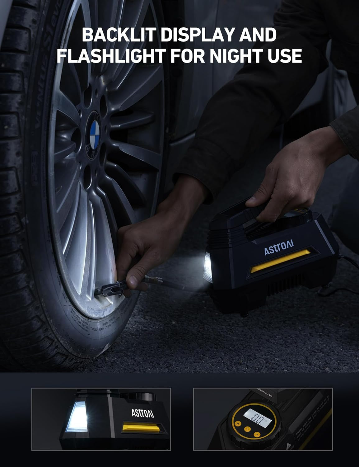 Portable Tire Inflator, Air Compressor - Digital Pressure Gauge, Emergency LED Light - 12V DC Auto Pump for Cars