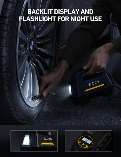 Portable Tire Inflator, Air Compressor - Digital Pressure Gauge, Emergency LED Light - 12V DC Auto Pump for Cars