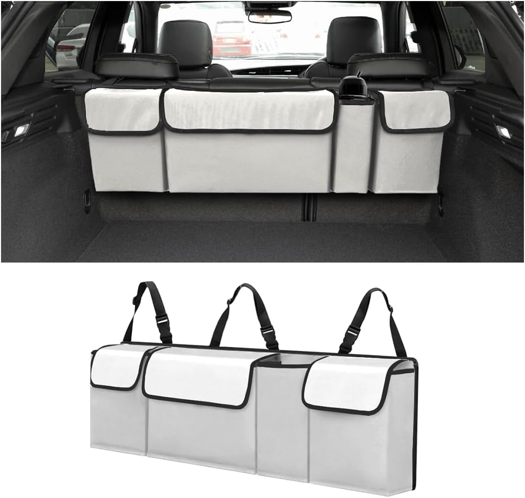 Car Trunk Organizer - Waterproof, Durable Backseat Hanging Cargo Bag with Adjustable Anti-Slip Straps and 4 Pockets (Black)