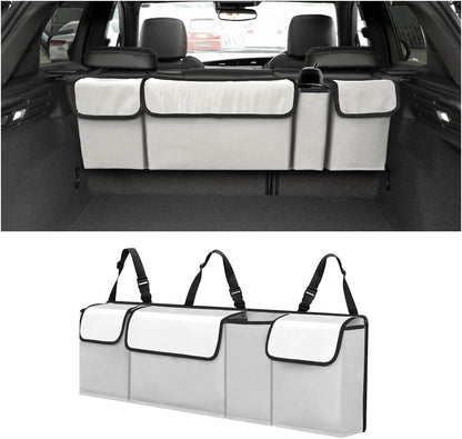 Car Trunk Organizer - Waterproof, Durable Backseat Hanging Cargo Bag with Adjustable Anti-Slip Straps and 4 Pockets (Black)