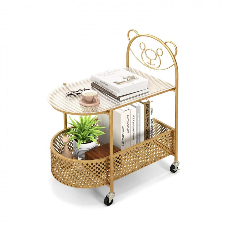 2-Tier Mobile Glass Coffee Table Featuring Bear Design